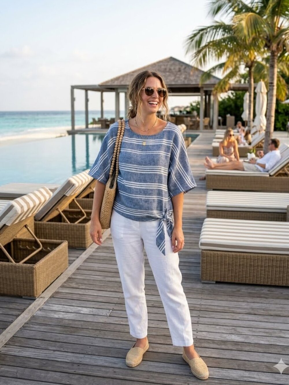 Beach Lunch Lounge Size Large Blue White Linen Blend Boxy Striped Side Tie Top - Picture 1 of 13